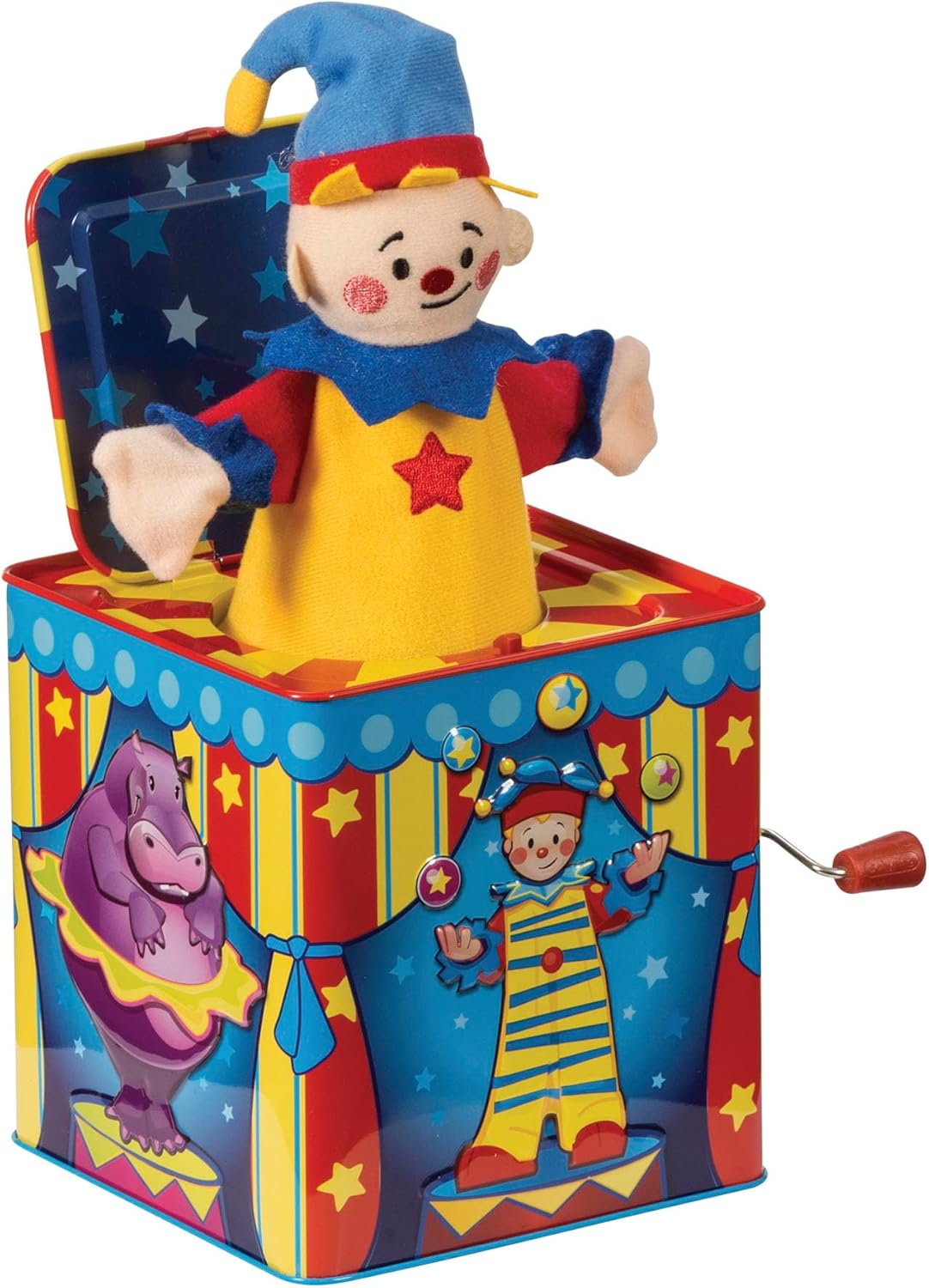 Schylling Silly Circus Jack in the Box - Classic Children-s Musical Toy - Colorful Embossed Tin Box and Friendly Plush - Age 18 months and Up
